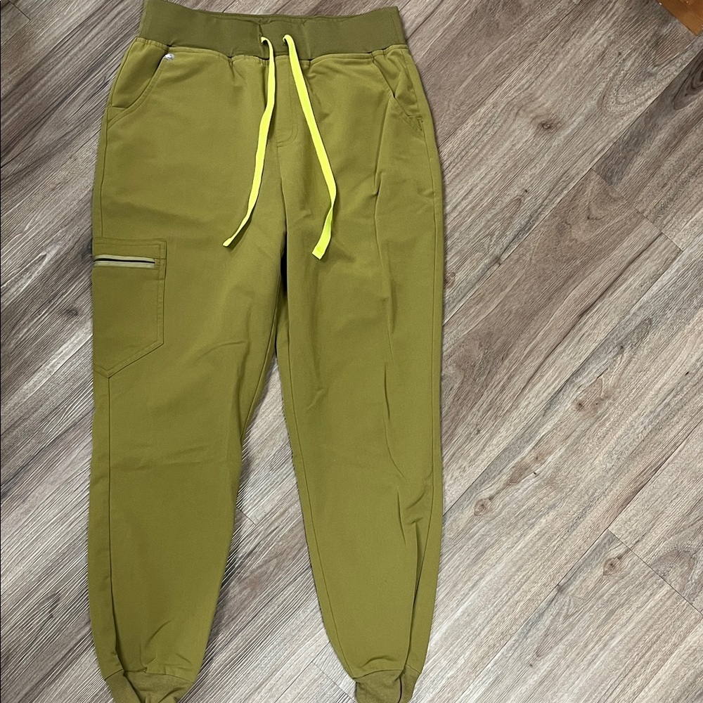 Figs Olive Green Track Joggers with Yellow Drawstring